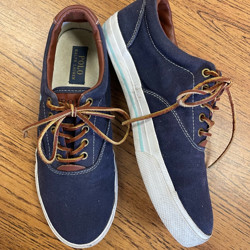 Mens 9.5 Polo Ralph Lauren Blue Canvas Shoes Sneaker with Leather Laces